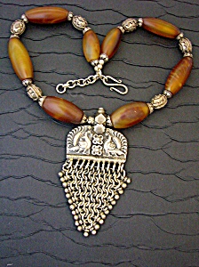 Sterling Silver Jasper And Antique Indian Silv Necklace