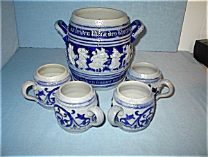 Antique German Salt Glaze Container & 4 Cups