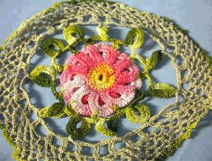 Hand Crocheted Red Flower Doiley.