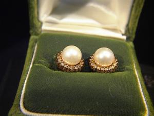 Earrings 14k Gold Diamond And 6mm Cultured Pearl