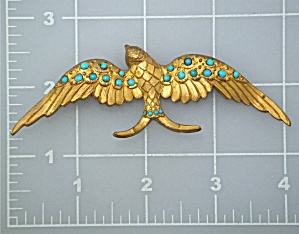 Brooch Antique Gilded Bird With Turquoise