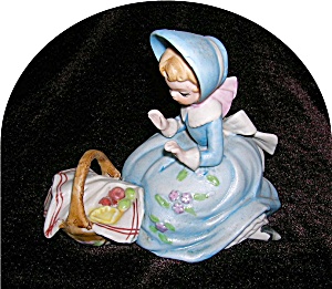 Figurine Girl In Blue Bonnet With Basket