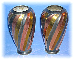 2 Brass Copper Silvertone Flower Vases