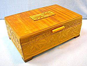 Wooden Carved Box Bakelite Catch Mirror Cork Lined