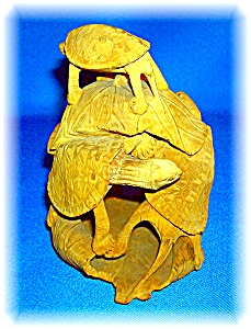 Signed Wooden Oriental Multi Turtle Carving