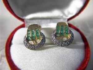 Earrings 14k Gold Pave Diamond Emerald French Back