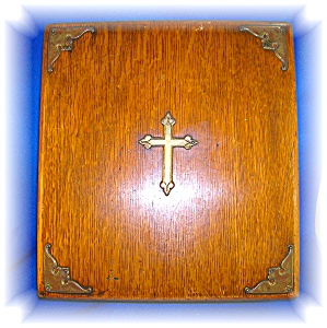 Oak Religious Wooden Box Brass Cross, Purple Lining
