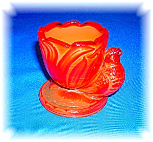 Rare Red Glass Egg Cup With Bird And Paper Label