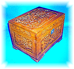 Vintage Hand Carved Wooden Jewelry Box With Key