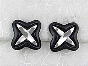 Lucite Black And Silver Clip Earrings Vintage