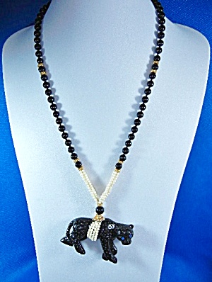 Gold Ivory Bone Onyx Panther Necklace