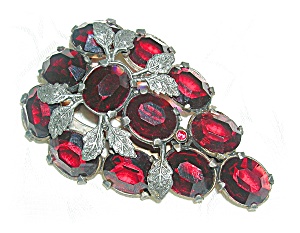 Dress Clip Ruby Crystals Silver Leaves 40s Usa