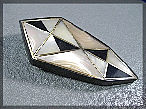Brooch Black Plastic Lucite Mother Pearl Onyx Brass Inl