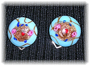 Turquoise Blue Gold Rose Venetian Glass Clip Earrings