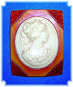 Bakelite And Lucite Cameo Brooch Pin Large