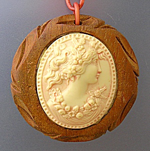 Celluloid And Wood Cameo Necklace