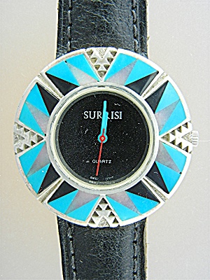 Surrisi Sterling Silver Inlays Turquoise Onyx Watch