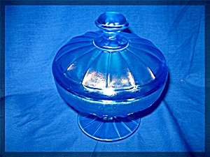 Candy Dish In Blue Stretch Glass Lidded And Footed