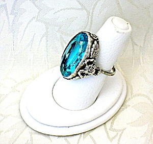 Sterling Silver Aqua Blue Green Glass Art Deco Ring