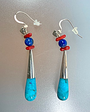 Turquoise Coral Lapis Sterling Silver Hook Navajo Ears
