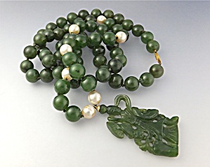 Jade Dark Green Pearls Jade Pendant 14k Gold