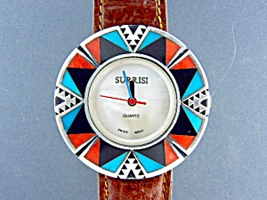 Surrisi Coral Onyx Turquoise Inlay Sterling Silver Watc