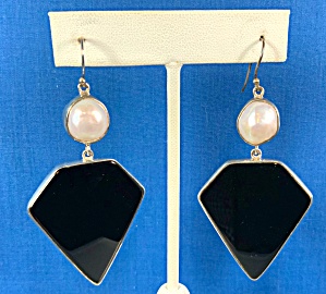 Onyx Freshwater Pearls Sterling Silver Hook Earrings