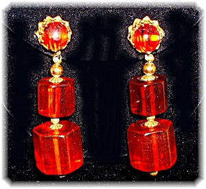 Bakelite Clip Dangle Amber Color Earrings 2 3/8 Inches