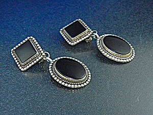 Sterling Silver Onyx Clip Earrings 2 1/4 Inches