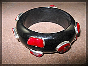 Lucite Black Red Coral & Sterling Silver Bangle