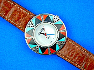 Surrisi Wristwatch Sterling Silver Turquoise Coral Inla