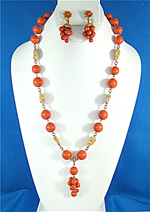 Necklace Earrings Coral Gold Lucite Vintage