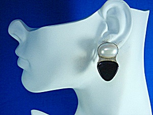 Silver Creations Onyx And Faux Pearl Clip Earrings