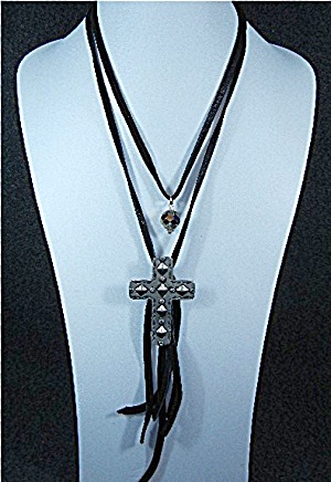 Pewter Cross Crystal & Leather Artist Necklace