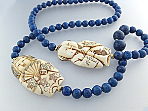 Necklace Lapis Pre Ban Ivory Figures Gold Beads