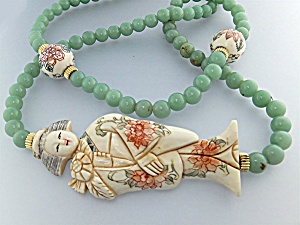 Necklace Pre Ban Ivory Lady W Beads Adventurine Beads