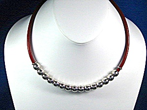 Taxco Mexico Sterling Silver Beads Red Leather Necklace