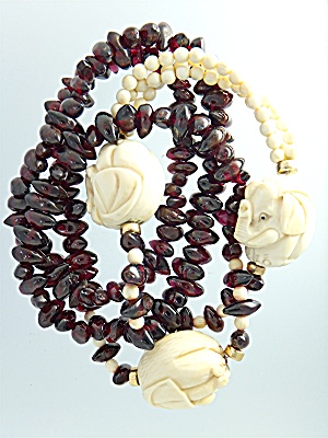 Necklace Pre Ban Ivory Elephant Beads And Garnets