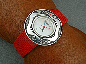 Surrisi Sterling Silver Mother Pearl Red Leather Band
