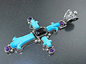 David Troutman Sterling Silver Carved Turquoise Cross
