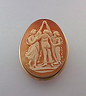 Brooch Pin 14k Gold Shell Cameo Italy 3 Graces Signed