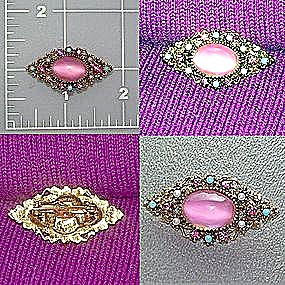 Filigree Brooch Pin Pink Turquoise Pearl Cabochon