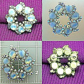 Crystals Glass Moonstone Silver Tone Brooch 60s