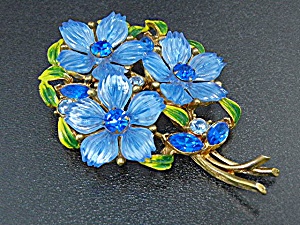 Enamel Blue Green Crystal Flower Bouquet Brooch