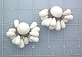 White Lucite Dangle Cluster Clip Earrings Vintage