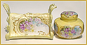 Antique Deskset: Porcelain Letter Holder And Inkwell Set