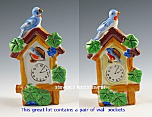 Pair Lustreware Japan Cuckoo Clocks Wall Pockets