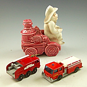 Box Lot Of Fire Toys - Lesney Trucks + Salt/pepper