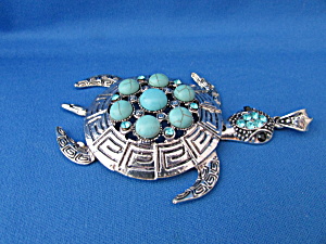 3&quot; Silver And Faux Turquoise Turtle Pendant