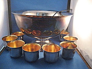 Silver Plated Punch Bowl, Eight Cups, And Silver Ladle